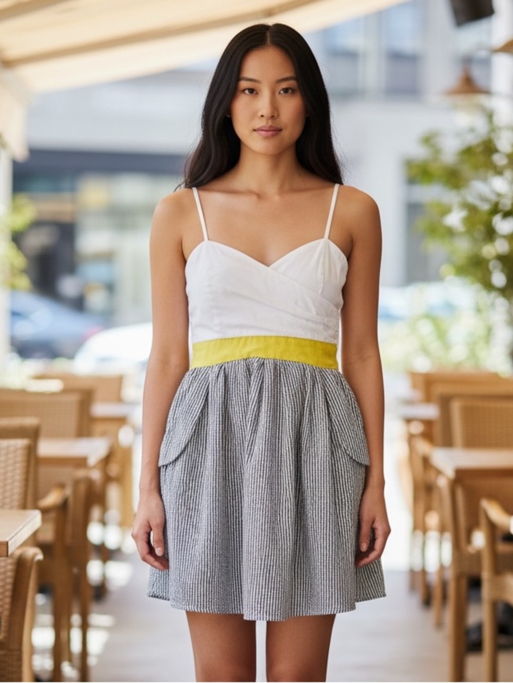 Vintage Ruby Rox White Mini dress with Yellow Waistband with pockets